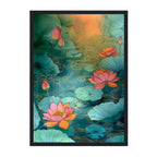 Framed artwork of lotus flowers and leaves with a black border