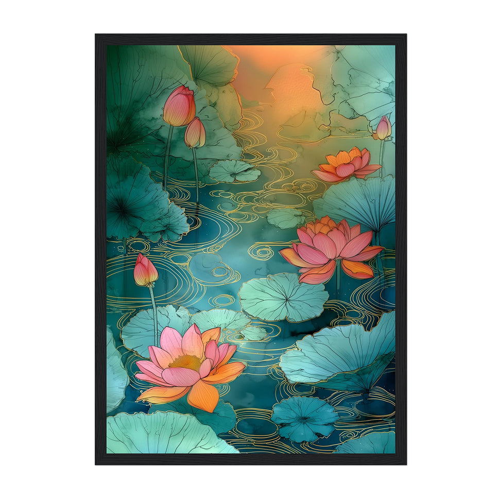 Framed artwork of lotus flowers and leaves with a black border