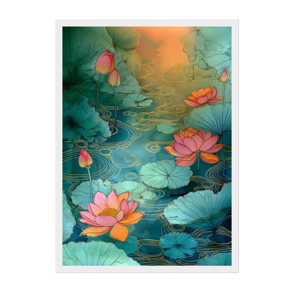 Lotus Pond Art Print: Teal Pink Serene Water Garden Scene