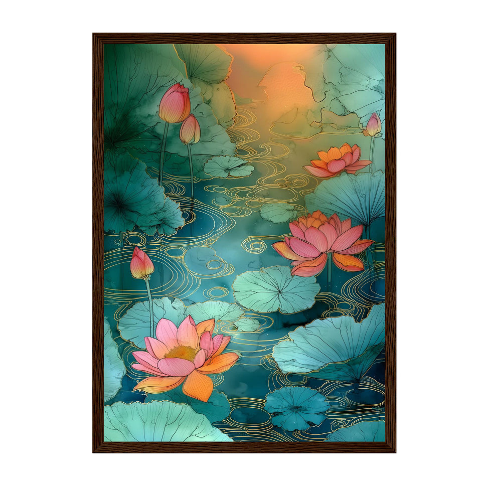 Lotus Pond Art Print: Teal Pink Serene Water Garden Scene