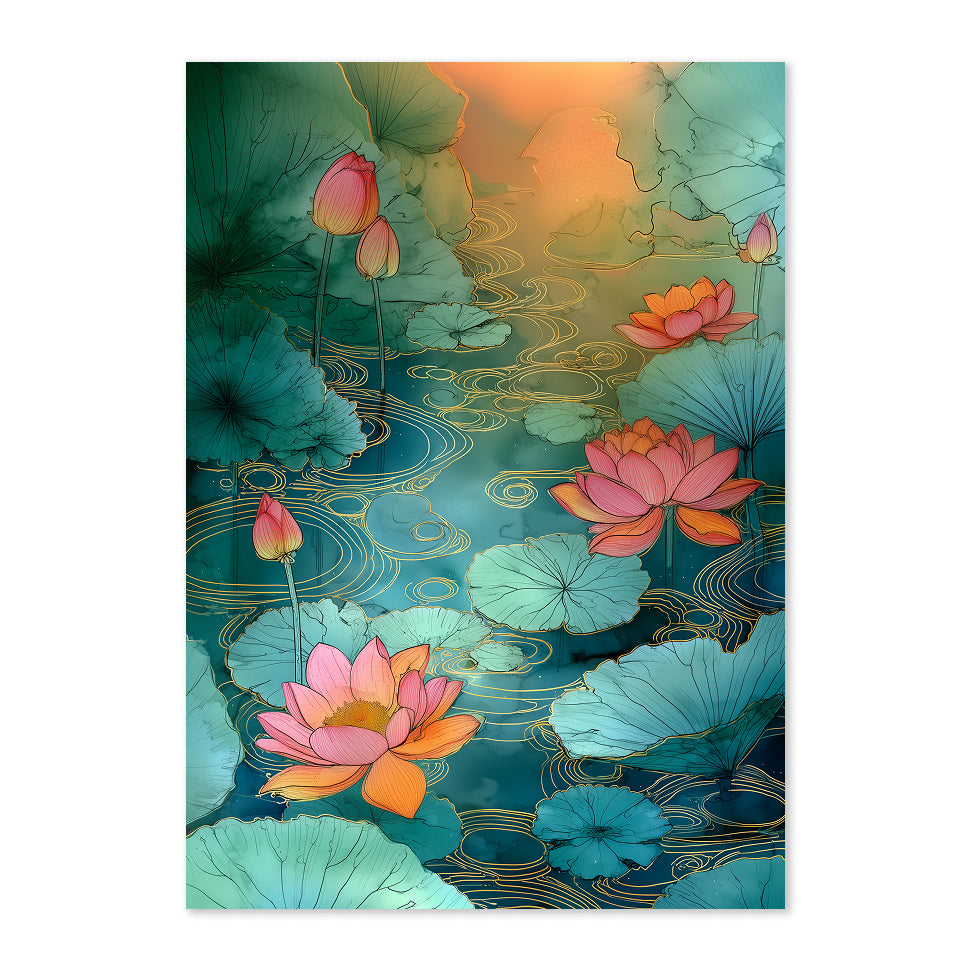 Lotus Pond Art Print: Teal Pink Serene Water Garden Scene
