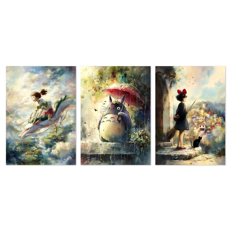 Set of 3 Studio Ghibli Wall Art Bundle: Totoro Kiki Spirited Away Poster Set