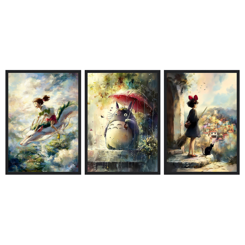 Set of 3 Studio Ghibli Wall Art Bundle: Totoro Kiki Spirited Away Poster Set