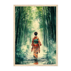 Japanese Watercolor Kimono Art Print: Emerald Tranquil Arashiyama Bamboo Scene