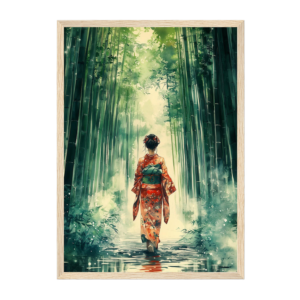 Japanese Watercolor Kimono Art Print: Emerald Tranquil Arashiyama Bamboo Scene