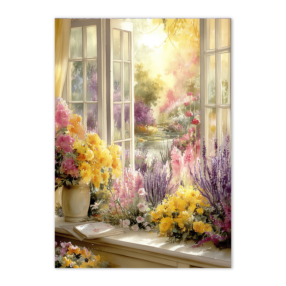 Window with floral arrangements and a scenic view outside