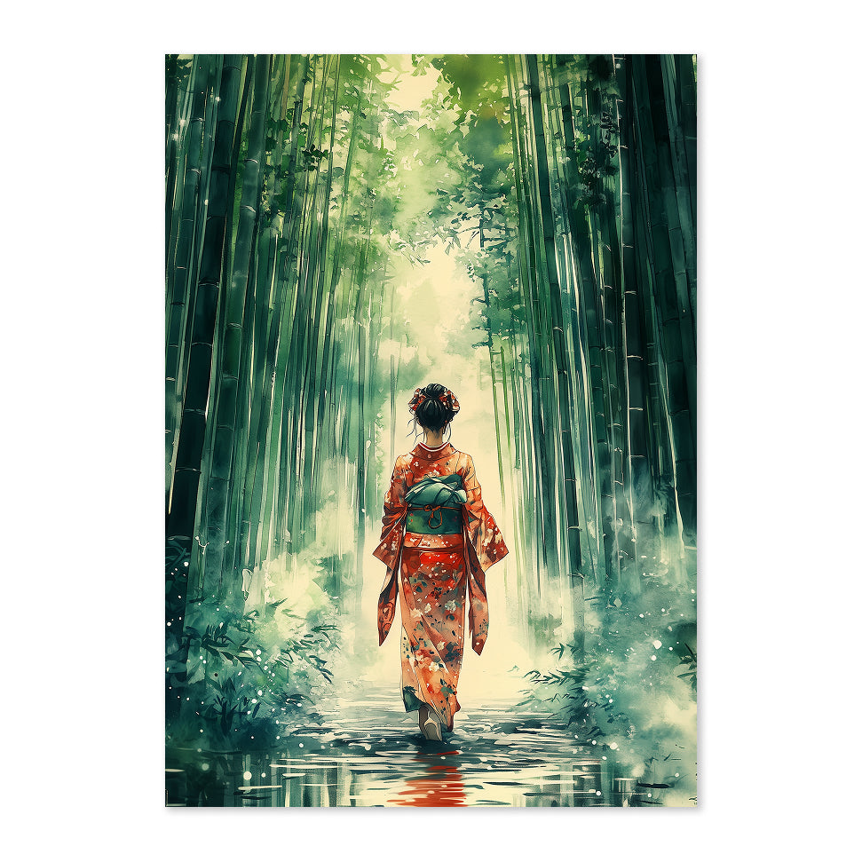 Japanese Watercolor Kimono Art Print: Emerald Tranquil Arashiyama Bamboo Scene