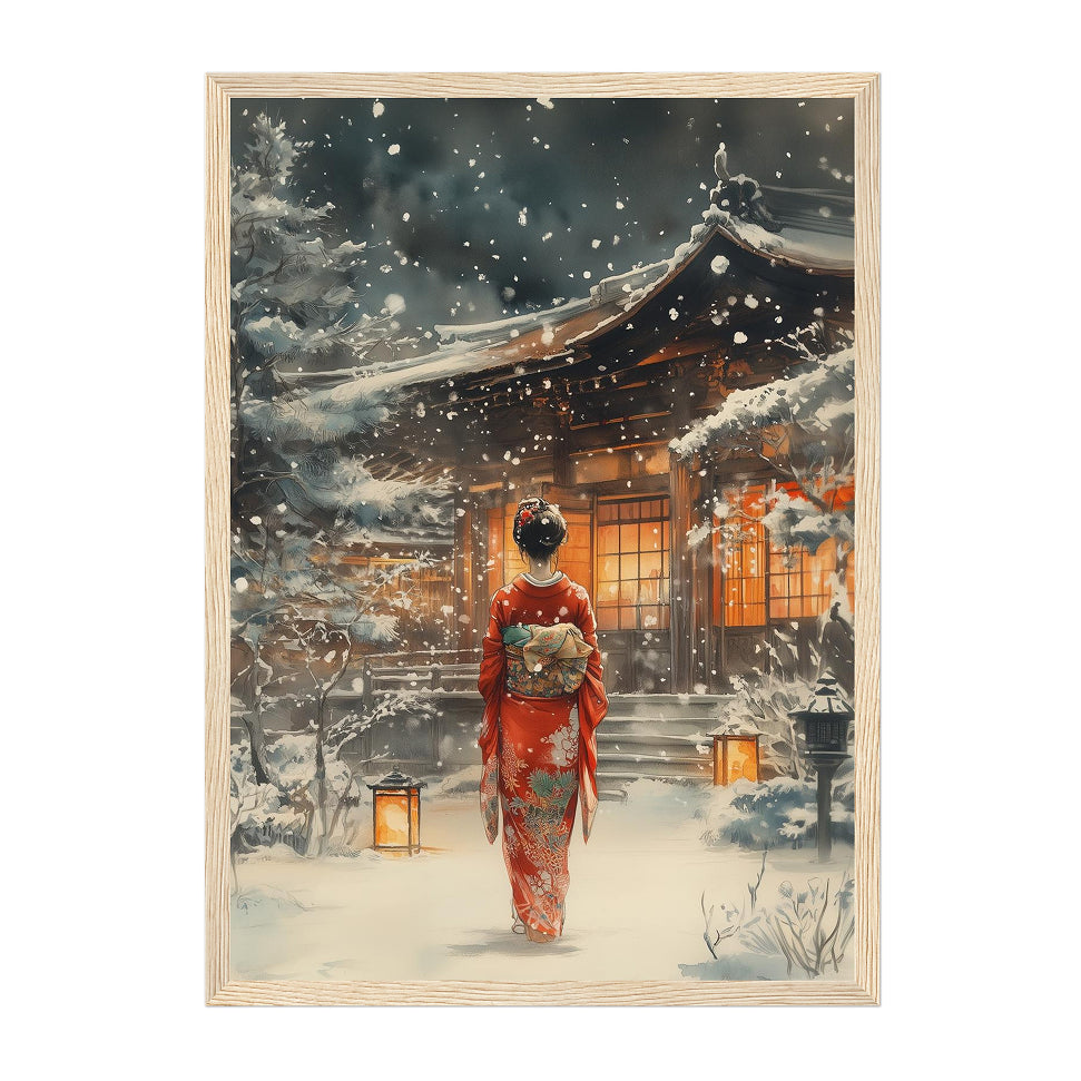 Japanese Winter Kimono Art Print: Warm Lantern Snow Temple Scene