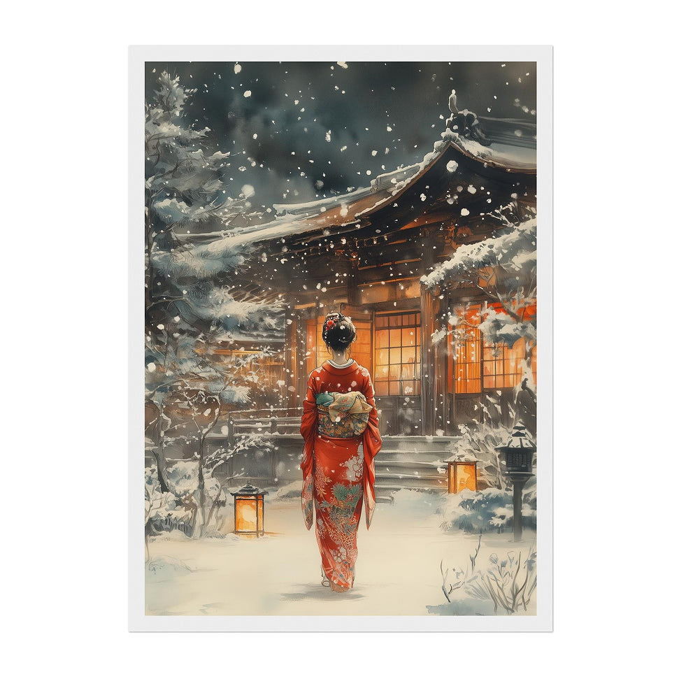 Japanese Winter Kimono Art Print: Warm Lantern Snow Temple Scene