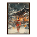 Japanese Winter Kimono Art Print: Warm Lantern Snow Temple Scene
