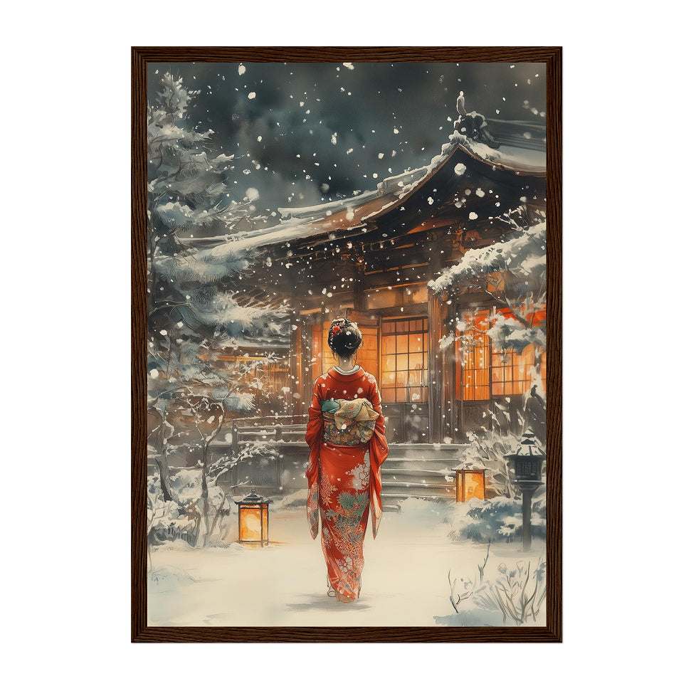 Japanese Winter Kimono Art Print: Warm Lantern Snow Temple Scene