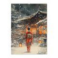 Woman in a red kimono standing in a snowy landscape with a traditional building in the background.