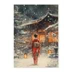 Woman in a red kimono standing in a snowy landscape with a traditional building in the background.