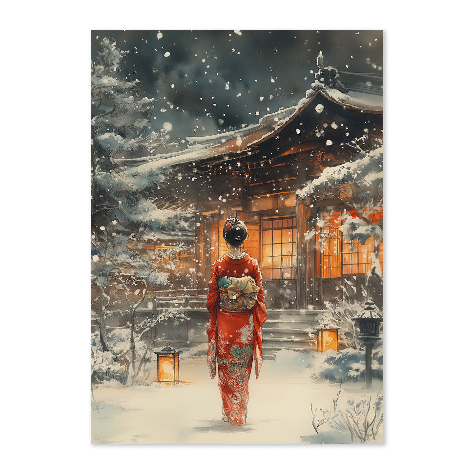 Woman in a red kimono standing in a snowy landscape with a traditional building in the background.