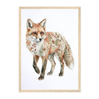 A framed watercolor art print of a red fox decorated with botanical leaf and berry patterns, set in a light natural wood frame against a white background.