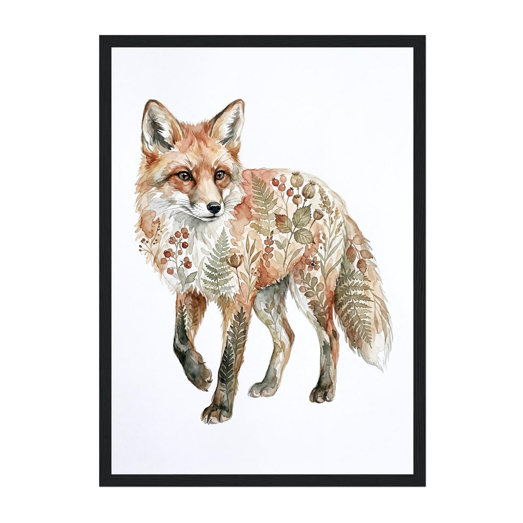 A framed art print featuring a watercolor-style fox with botanical leaf and berry patterns across its fur, set against a white background with a black frame.