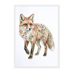 A framed art print featuring a watercolor-style fox with botanical leaf and berry patterns on its fur, set against a white background.