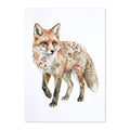 A vertical art print featuring a watercolor-style fox with botanical leaf and berry patterns across its fur, shown on a white background with a subtle drop shadow.