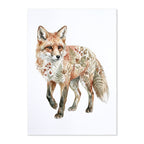 A vertical art print featuring a watercolor-style fox with botanical leaf and berry patterns across its fur, shown on a white background with a subtle drop shadow.