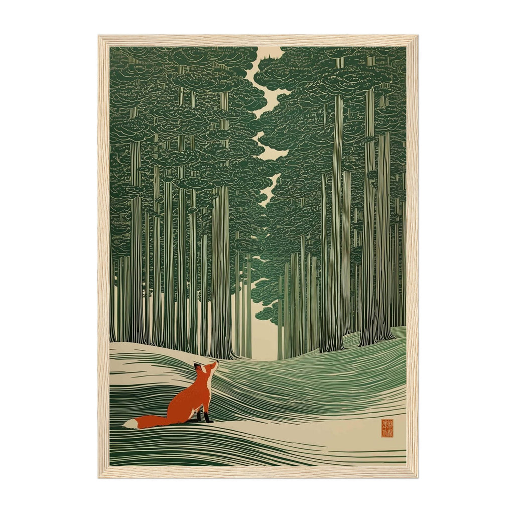 A framed art print featuring a stylized forest scene with tall green trees and a small orange fox in the lower left, shown against a light neutral background.