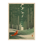 A framed art print featuring a stylized forest scene with tall green trees and a small orange fox in the lower left, shown against a light neutral background.