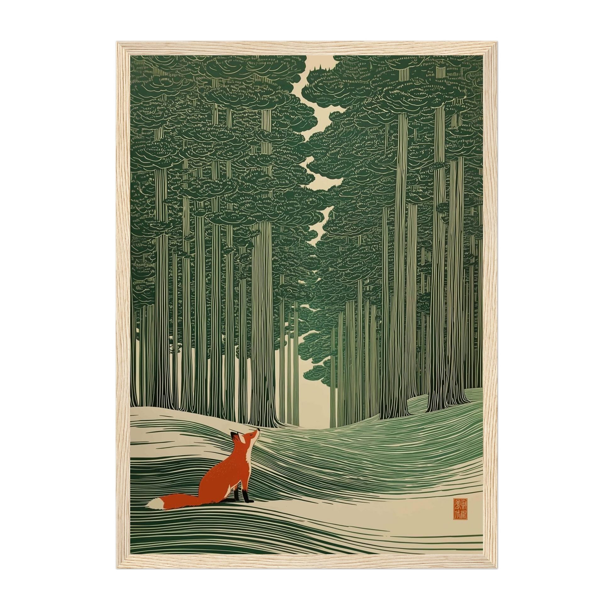 A framed art print featuring a stylized forest scene with tall green trees and a small orange fox in the lower left, shown against a light neutral background.