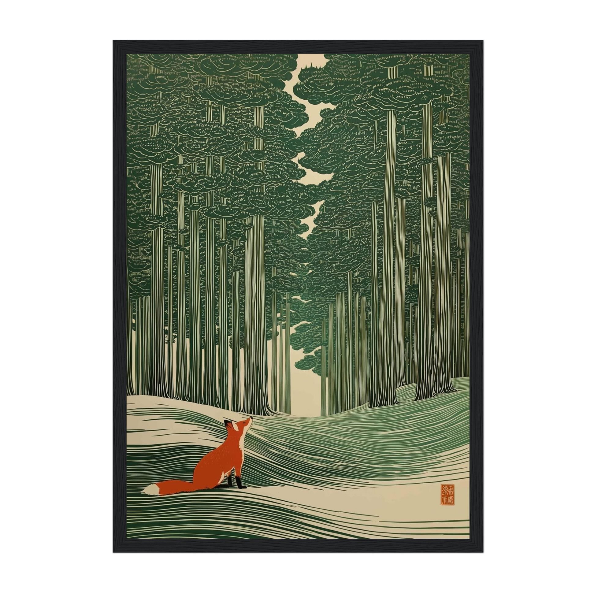 A framed art print featuring a stylized forest scene with tall green trees and a small orange fox sitting on a snowy path, shown against a plain white background.