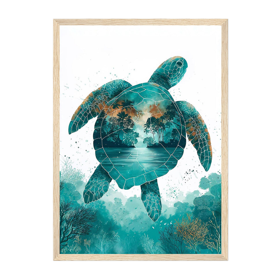 Abstract Sea Turtle Art Print: Teal Tropical Ocean Lagoon Nature Scene