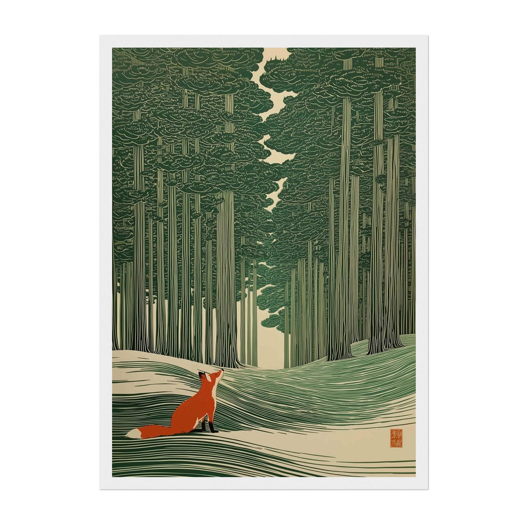 A framed art print featuring a stylized forest scene with tall green trees and a small orange fox sitting on a snowy path in the foreground, shown against a light gray background.