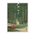A framed art print featuring a stylized forest scene with tall green trees and a small orange fox sitting on a snowy path in the foreground, shown against a light gray background.