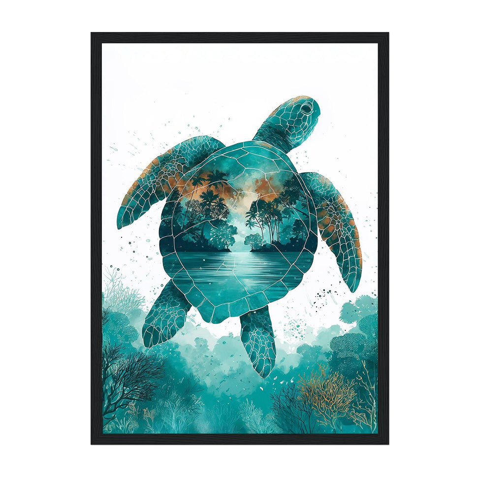 Abstract Sea Turtle Art Print: Teal Tropical Ocean Lagoon Nature Scene