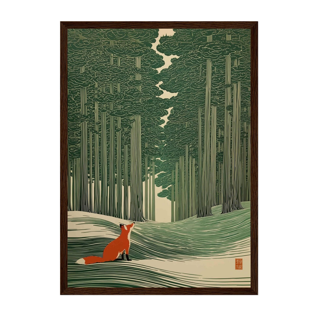 A framed art print featuring a stylized forest scene with a red fox in the foreground, shown against a plain white background.