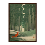 A framed art print featuring a stylized forest scene with a red fox in the foreground, shown against a plain white background.