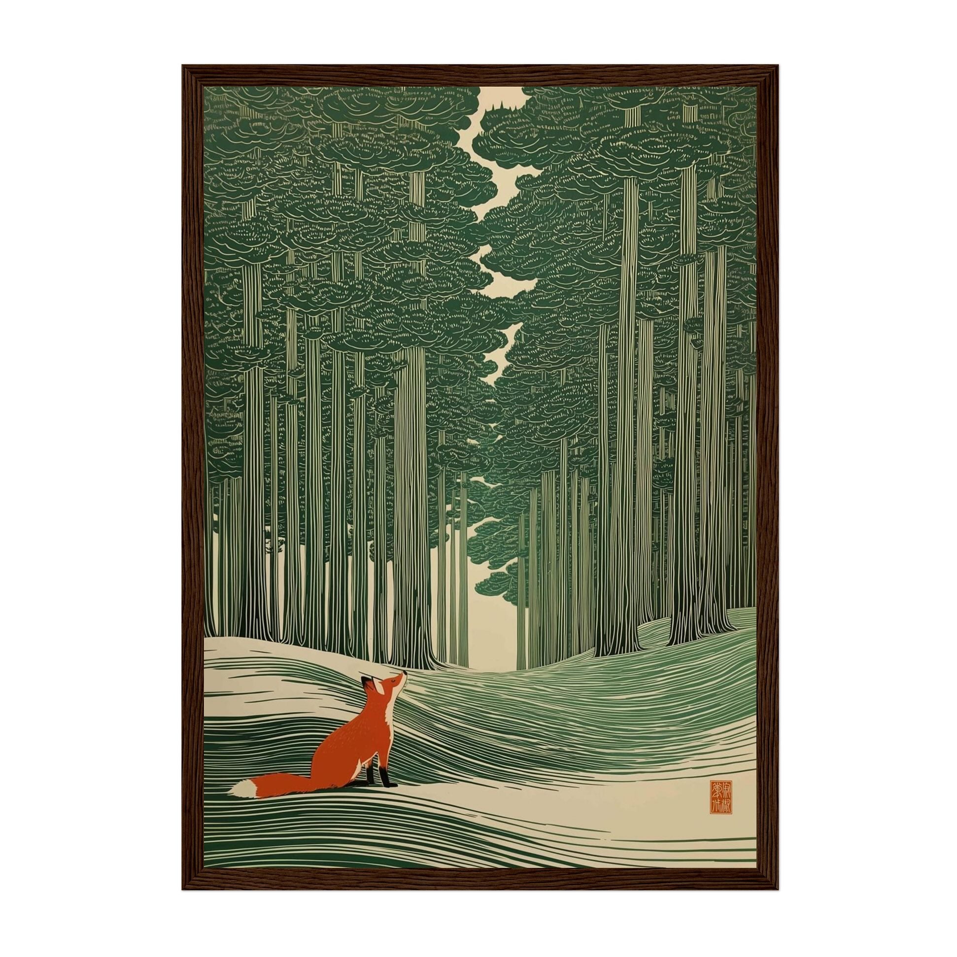 A framed art print featuring a stylized forest scene with a red fox in the foreground, shown against a plain white background.