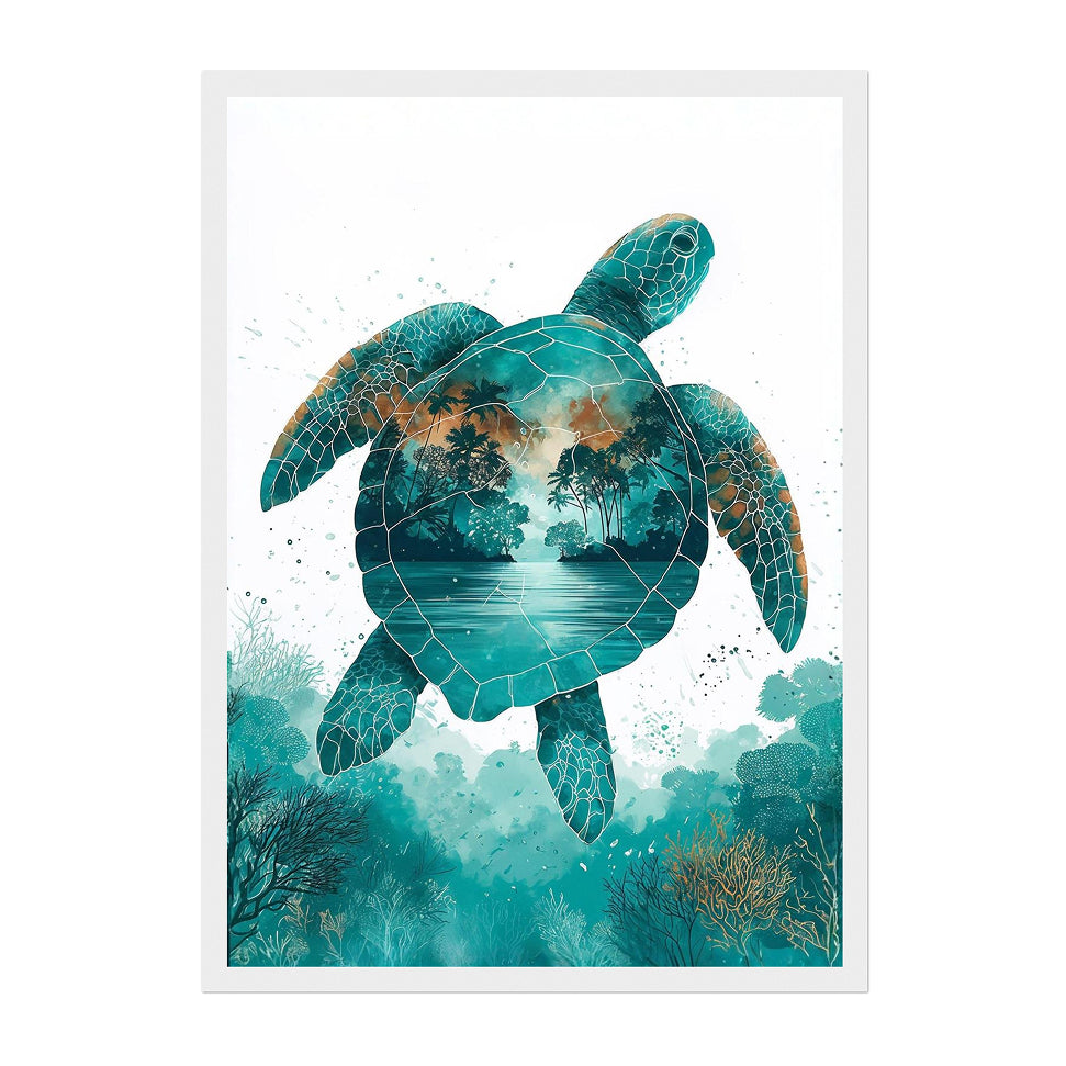 Abstract Sea Turtle Art Print: Teal Tropical Ocean Lagoon Nature Scene