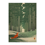 A vertical art print featuring a stylized forest scene with tall trees in green and beige tones, and a small orange fox sitting on the ground in the lower left. The print is centered on a light gray background.