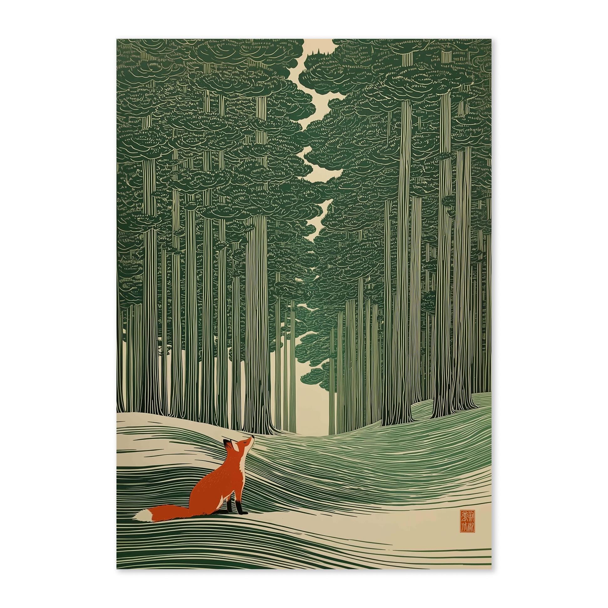 A vertical art print featuring a stylized forest scene with tall trees in green and beige tones, and a small orange fox sitting on the ground in the lower left. The print is centered on a light gray background.