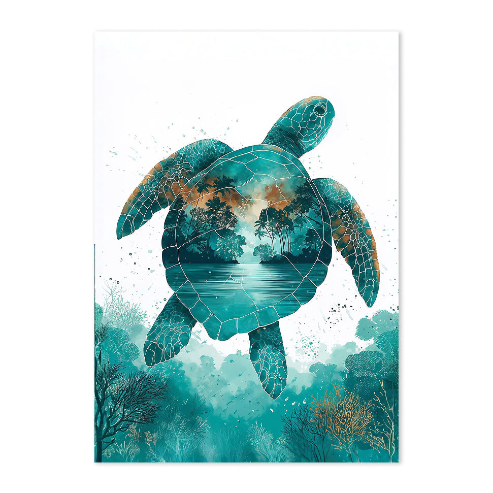 Artistic depiction of a turtle with nature elements on a white background
