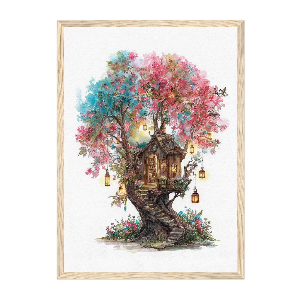 A framed art print featuring a whimsical treehouse nestled within a large, colorful tree with pink and blue blossoms, hanging lanterns, and a small bird, presented in a light wood frame against a white background.