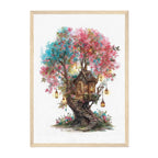 A framed art print featuring a whimsical treehouse nestled within a large, colorful tree with pink and blue blossoms, hanging lanterns, and a small bird, presented in a light wood frame against a white background.
