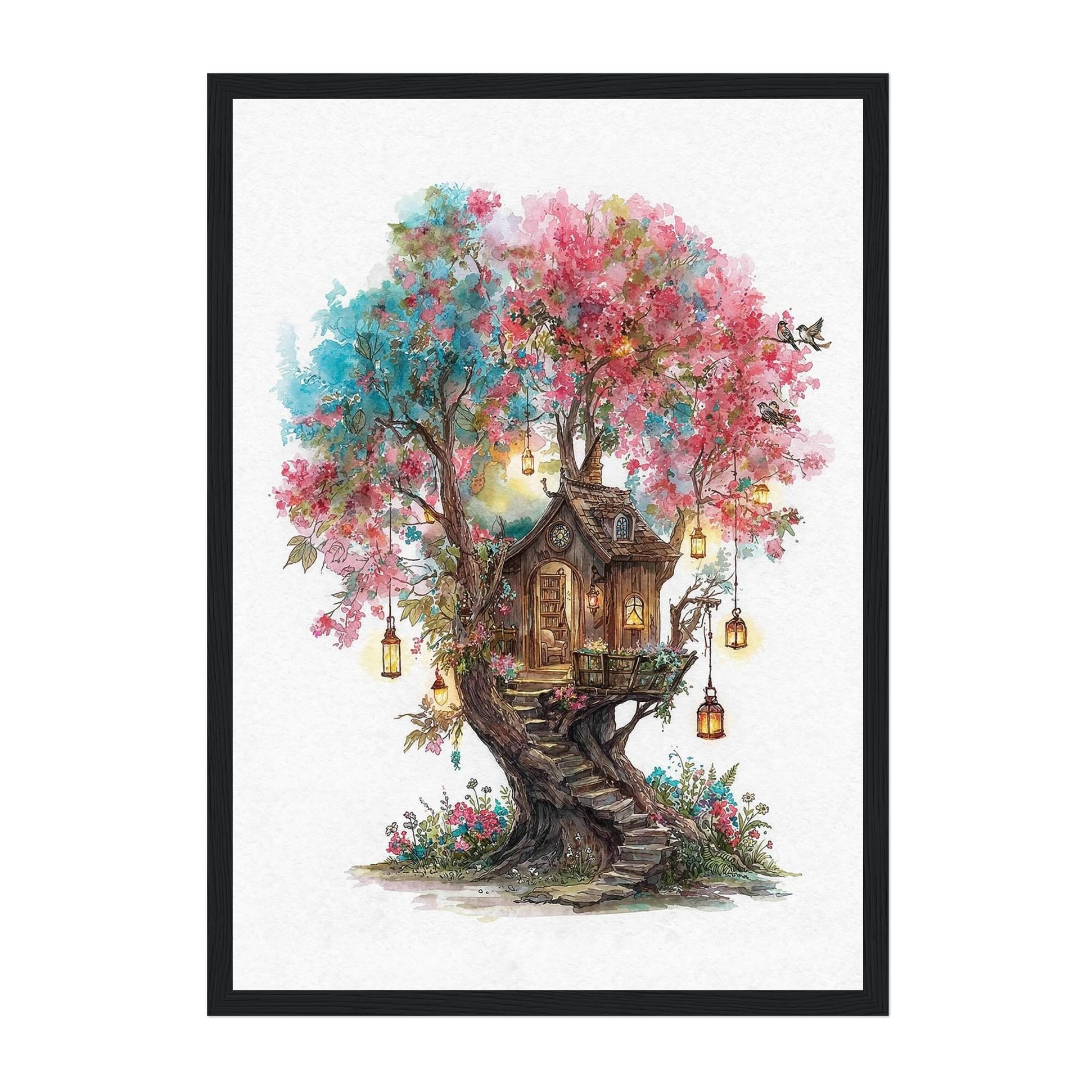 A framed art print featuring a whimsical watercolor illustration of a treehouse nestled within a blooming tree with pink and blue leaves, hanging lanterns, and a small house on a tree trunk, shown against a white background with a black frame.