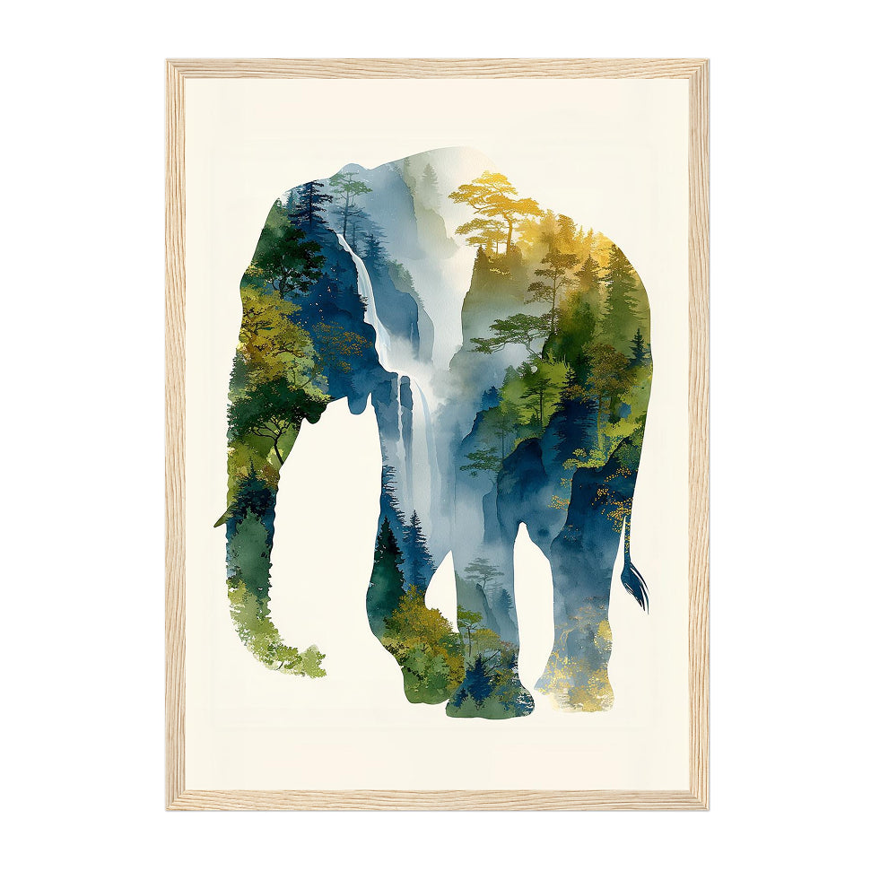 Watercolor Elephant Silhouette Art Print: Blue Green Forest Landscape
