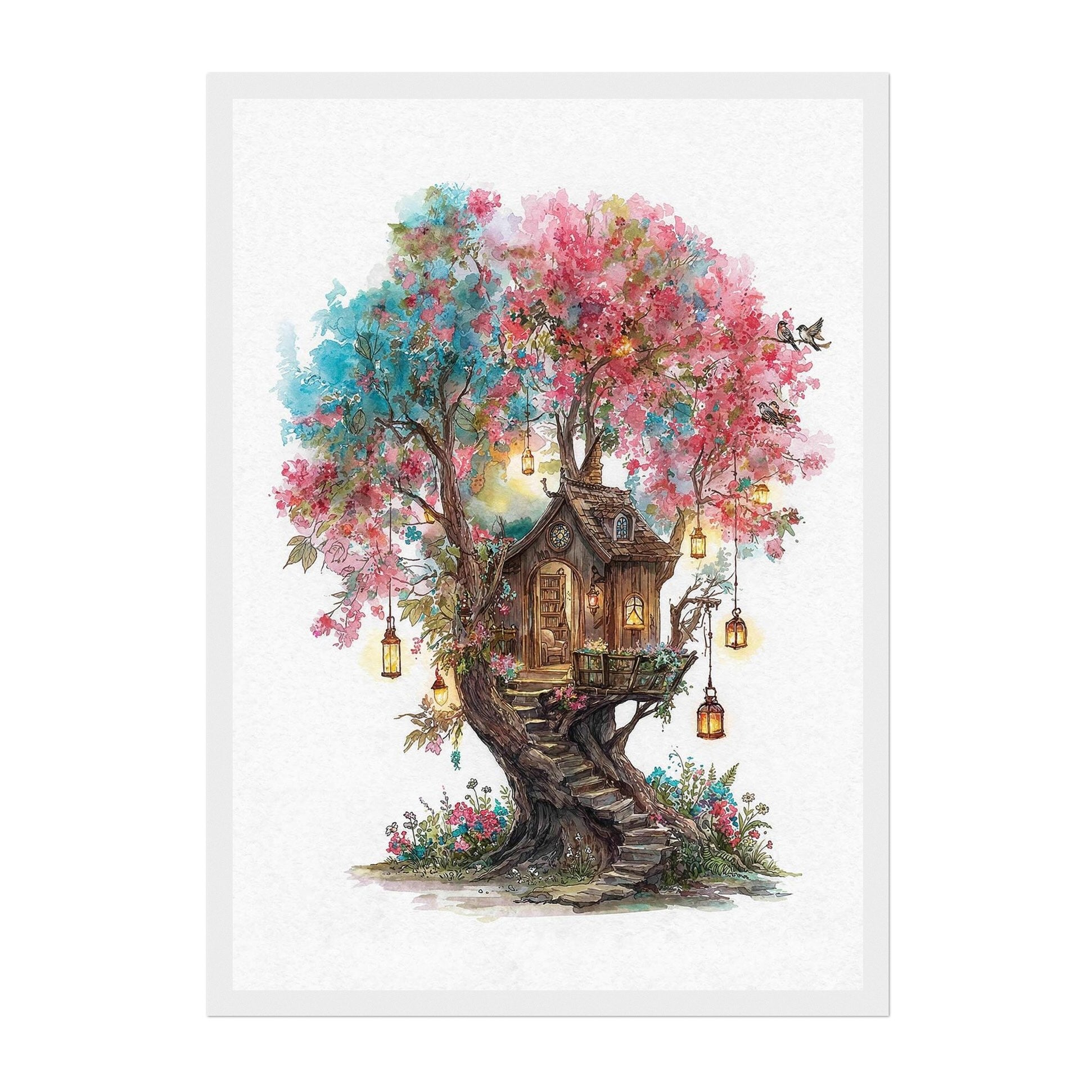 A vertical art print featuring a whimsical treehouse nestled within a large blossoming tree. The artwork has a watercolor style with pink and blue flowers, glowing lanterns, and a small wooden house on the tree trunk, all centered on a white background with a thin black border.