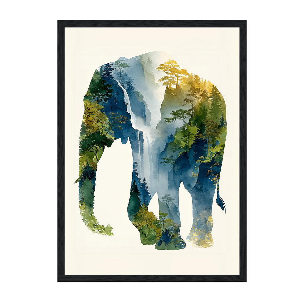 Watercolor Elephant Silhouette Art Print: Blue Green Forest Landscape