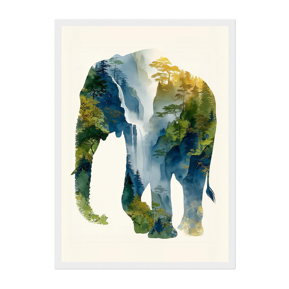 Watercolor Elephant Silhouette Art Print: Blue Green Forest Landscape
