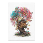 A vertical art print featuring a whimsical watercolor illustration of a treehouse nestled within a flowering tree. The tree has pink blossoms on one side and blue blossoms on the other, with glowing lanterns hanging from the branches and a small wooden house built into the trunk.