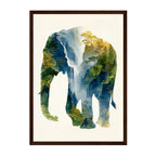 Watercolor Elephant Silhouette Art Print: Blue Green Forest Landscape