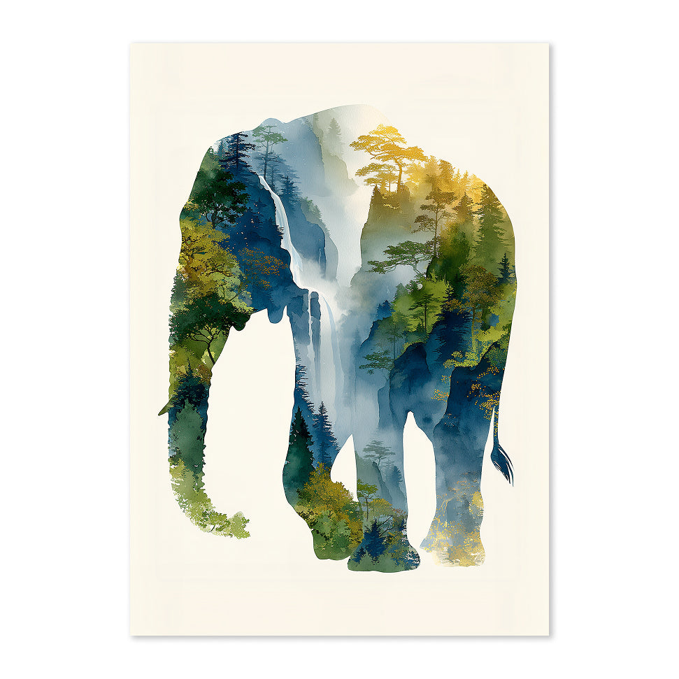 Watercolor Elephant Silhouette Art Print: Blue Green Forest Landscape