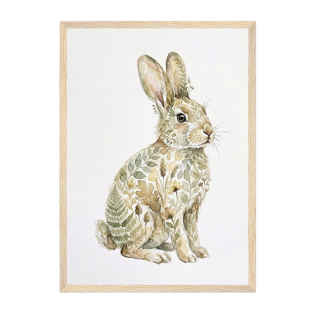 Framed art print featuring a watercolor-style rabbit filled with botanical leaf and flower patterns, set in a light natural wood frame against a white background.