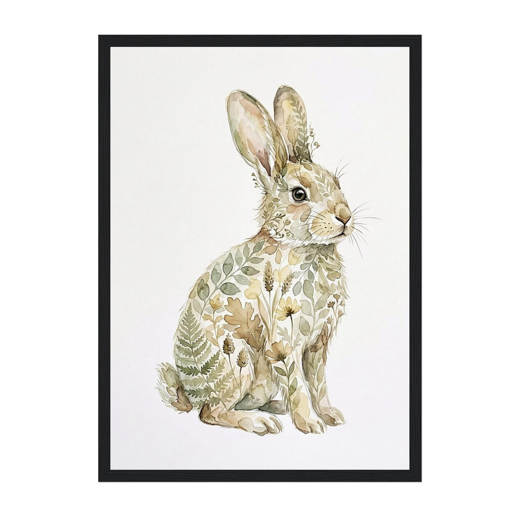 A framed art print featuring a watercolor-style rabbit filled with botanical leaf and flower patterns, set against a white background with a thin black frame.